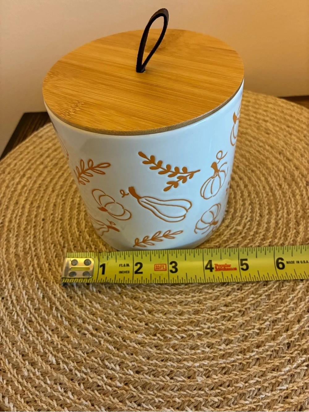 Hobby Lobby White Ceramic Canister with Orange Pumpkin Motif and Bamboo Lid